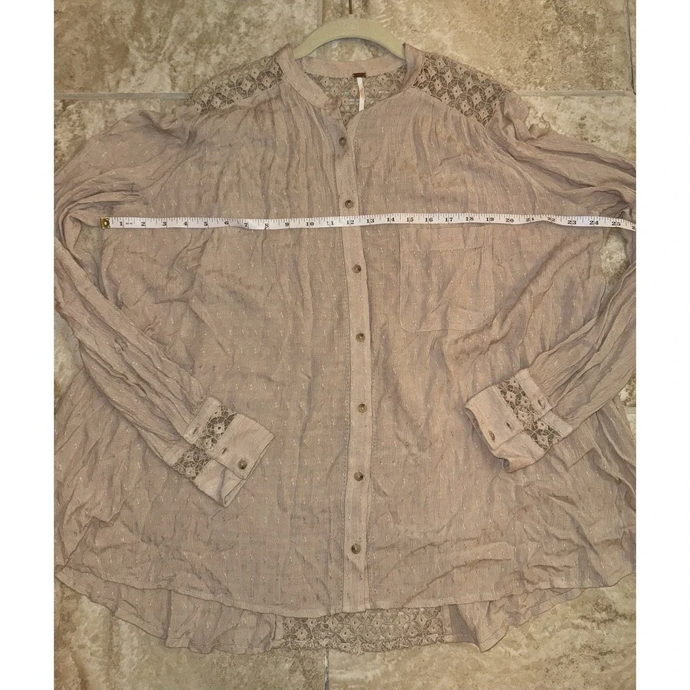 Free People Beige Long Flowy Boho Button Down Top w/Lace Back‎ Size M